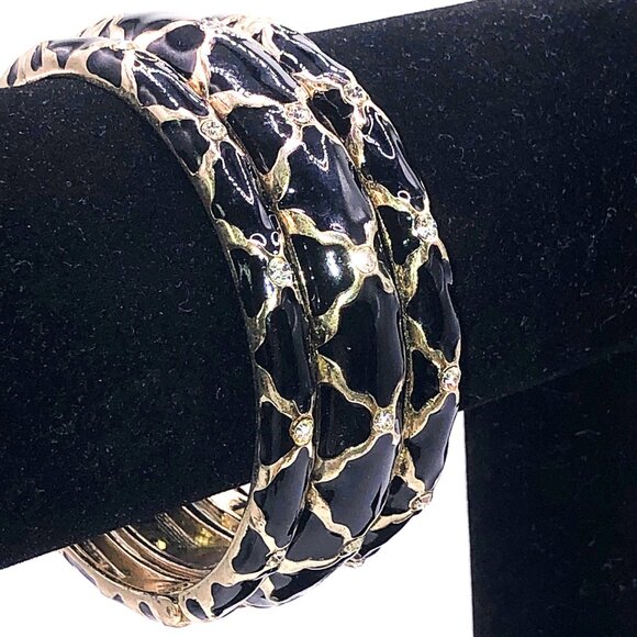 Sequin Black Enamel Crystal Clamper Bracelet Set of 3 Gold-Tone Hinged Bangles - Picture 1 of 11